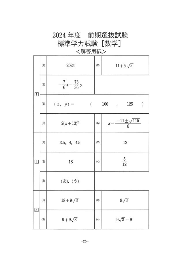 2024年度入試過去問題 標準学力試験（数学 解答）（1ページ目）｜暁星