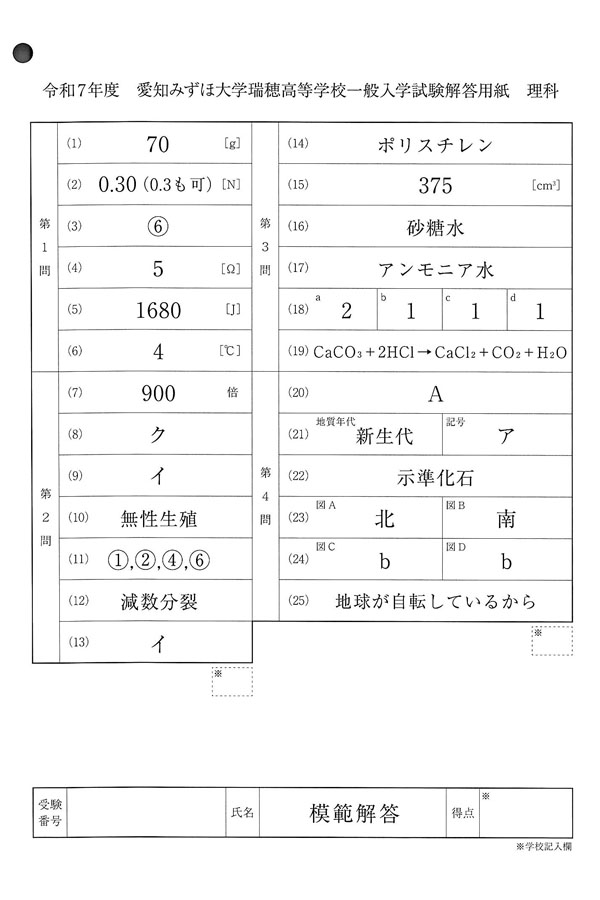 入試過去問（解答）（1ページ目）｜愛知みずほ大学瑞穂高等学校の入試