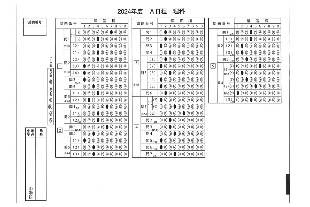 2024年度入試過去問題 A日程（理科 解答）（1ページ目）｜京都