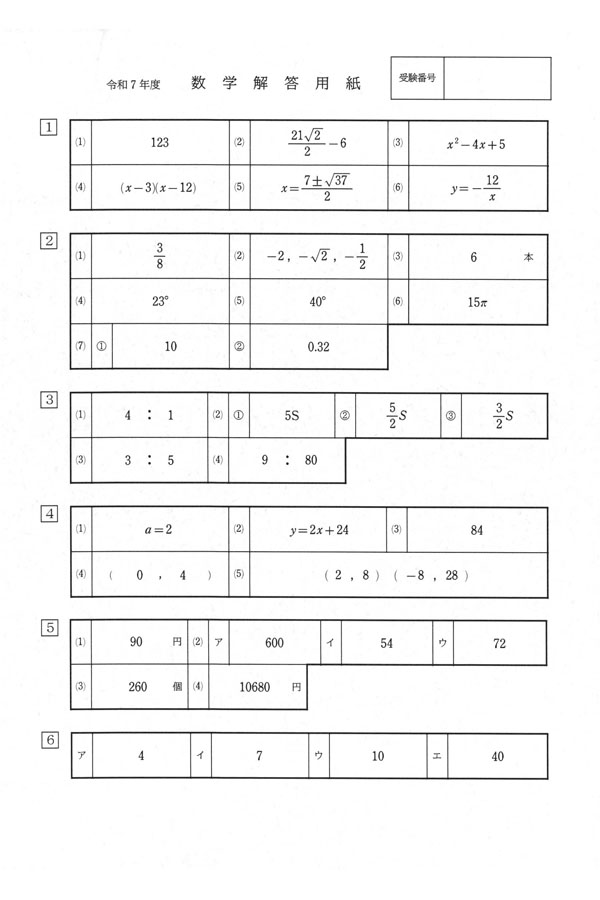 令和7年度入試過去問題（数学 解答）（1ページ目）｜東大谷高等学校の