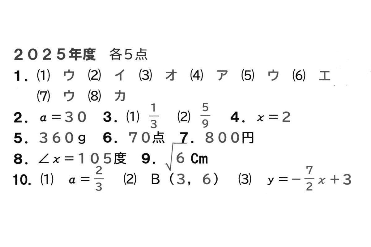 2025年度入試過去問題（数学 解答）（1ページ目）｜宣真高等学校の入試