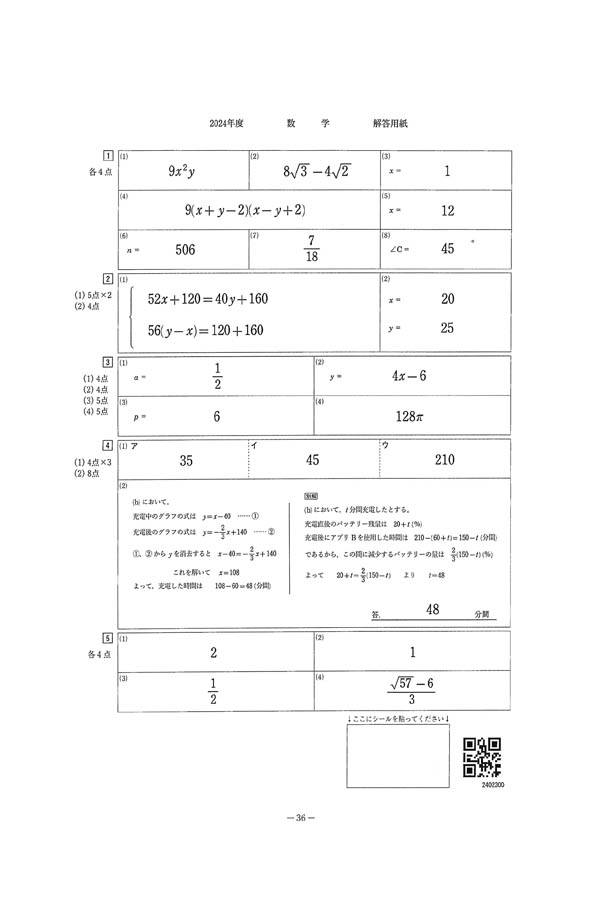 大学入試過去問 2024年度入試過去問題（数学 解答）（1ページ目）｜関西大倉高等