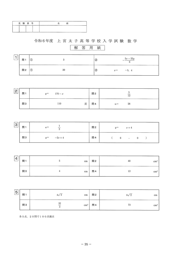 令和6年度入試過去問題（数学 解答）（1ページ目）｜上宮太子高等学校