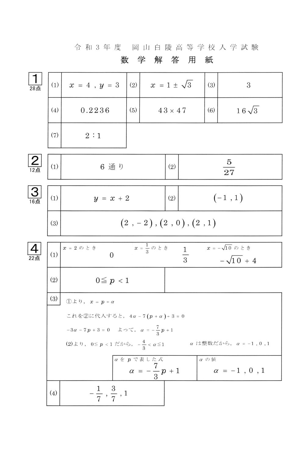 令和3年度入試過去問題（数学 解答）（1ページ目）｜岡山白陵