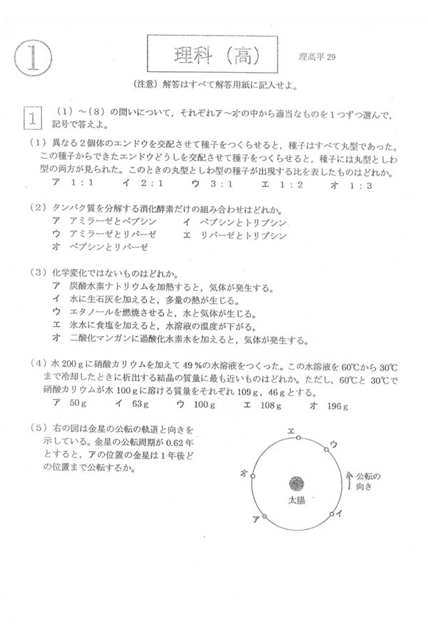 平成29年度入試過去問題（理科 問題）（1ページ目）｜青雲高等学校の