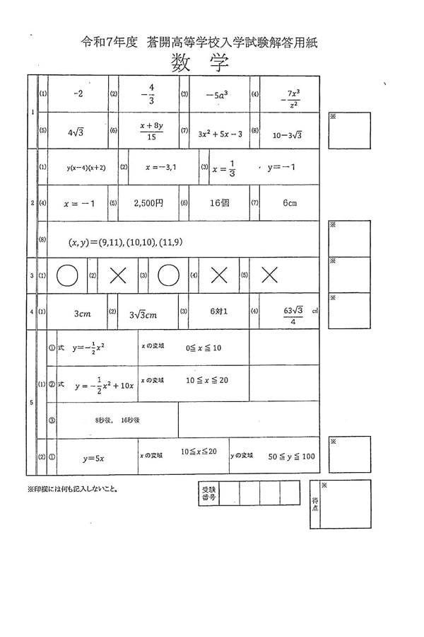 令和7年度入試過去問題（数学 解答）（1ページ目）｜蒼開高等学校の
