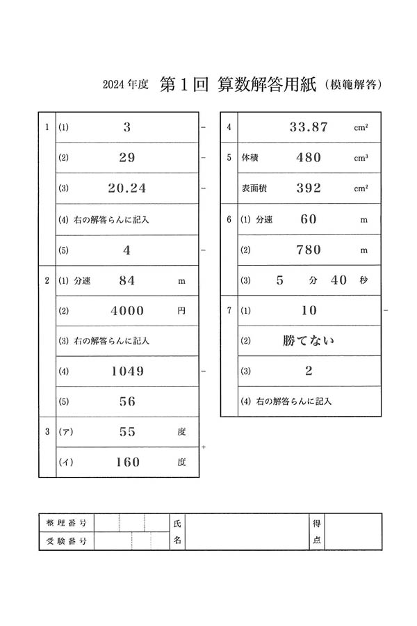 2024年度入試過去問題 第1回（算数 解答）（1ページ目）｜玉川聖学院