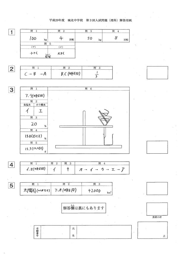 平成29年度入試過去問題 第3回（理科 解答）（1ページ目）｜城北中学校