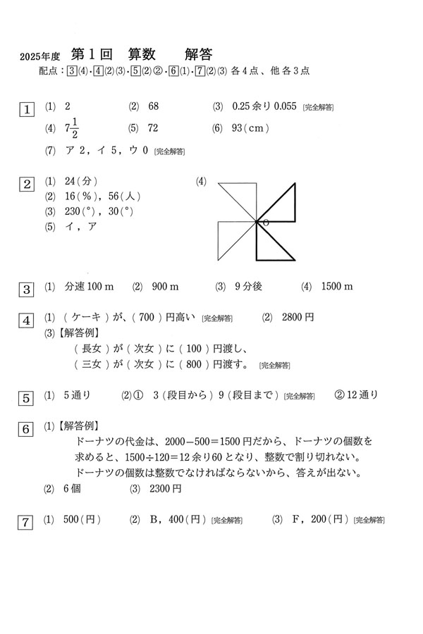 2025年度入試過去問題 第1回（算数 解答）（1ページ目）｜聖ヨゼフ学園