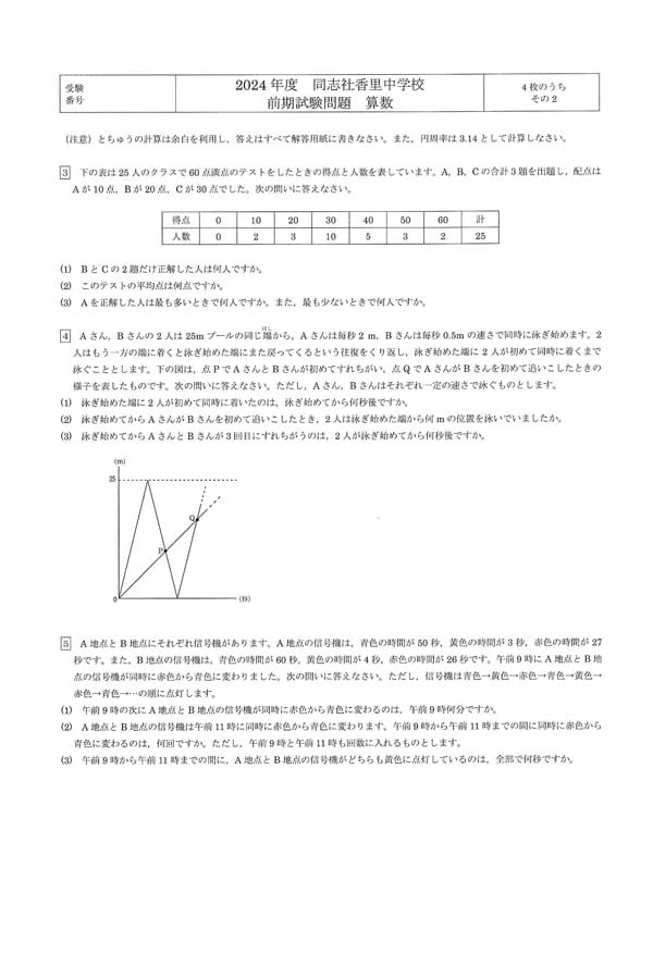 2024年度入試過去問題 前期（算数 問題）（2ページ目）｜同志社香里