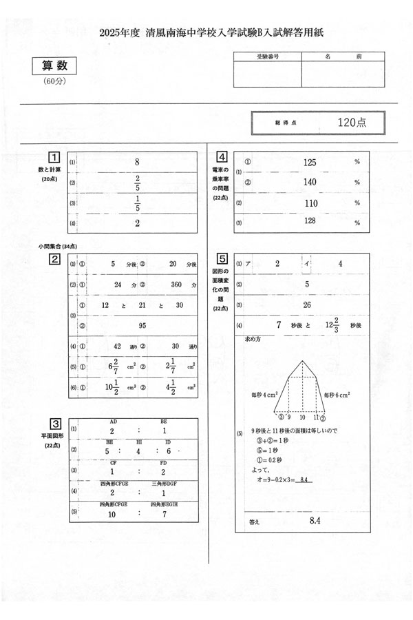 入試過去問（解答）（1ページ目）｜清風南海中学校の入試過去問