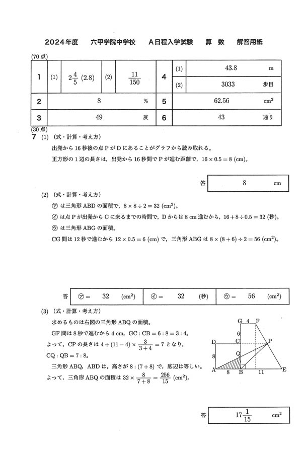 2024年度入試過去問題 A日程（算数 解答）（1ページ目）｜六甲