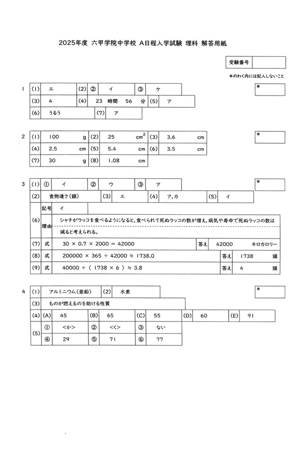 2025年度入試過去問題（A日程）（理科 解答）（1ページ目）｜六甲学院