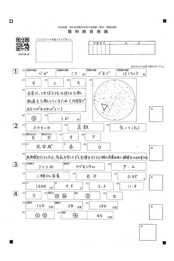 2024年度入試過去問題 東京・東海会場（理科 解答）（1ページ目）｜西