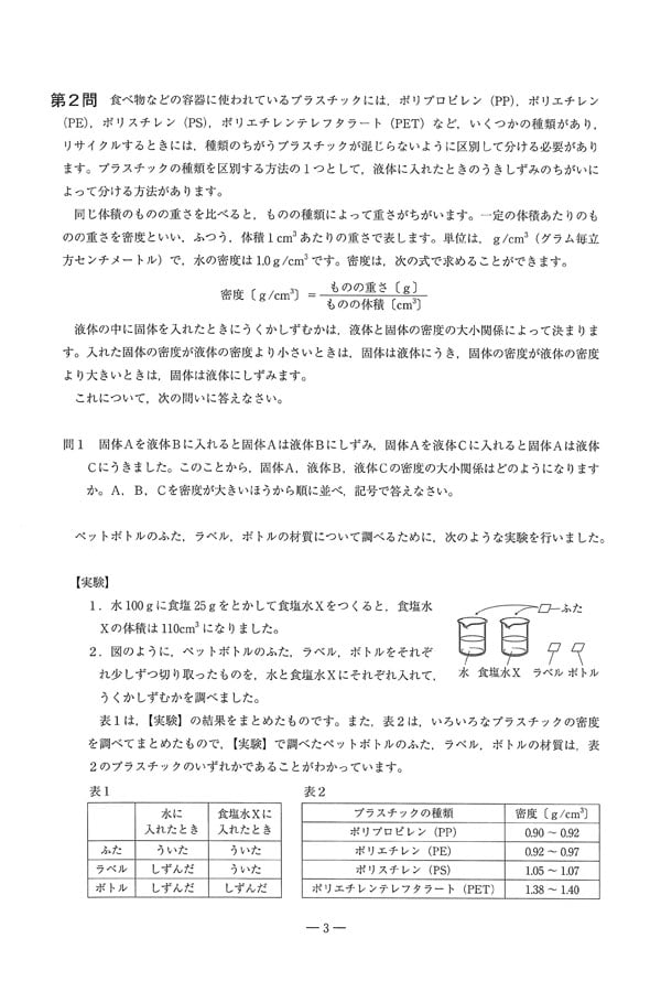 2025年度入試過去問題(A1)（理科 問題）（3ページ目）｜立命館守山