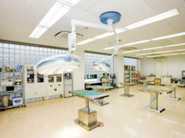 【動物看護実習室】手術台や麻酔装置、薬品庫など動物医療の現場を再現した環境で、看護技術を学びます。